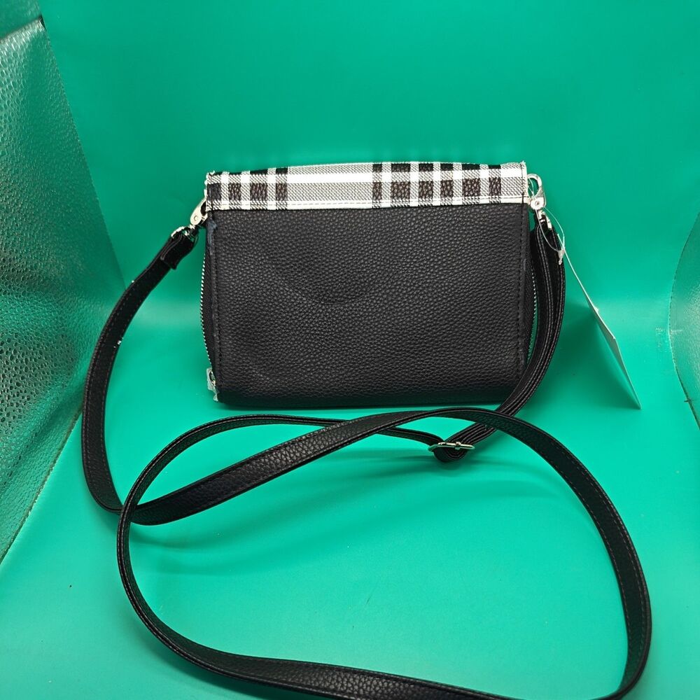Thirty-One Black White Plaid Crossbody Bag with Embroidered B, Zip Closure - Picture 2 of 3